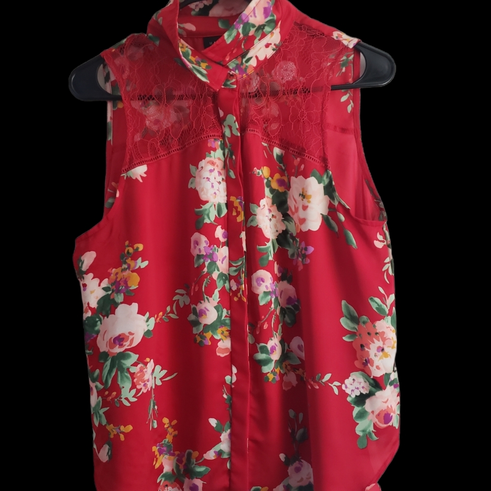 Red floral button up blouse